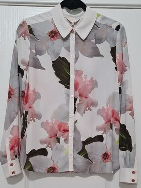 Ted Baker - White Floral Button-Down Blouse with Pink Accents